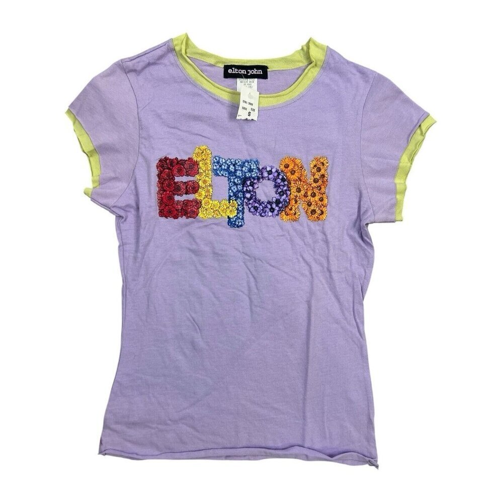 Vtg Elton John Shirt Sz Sm Fits XS - USA Floral Spell out Y2K 90s Babydoll Tee